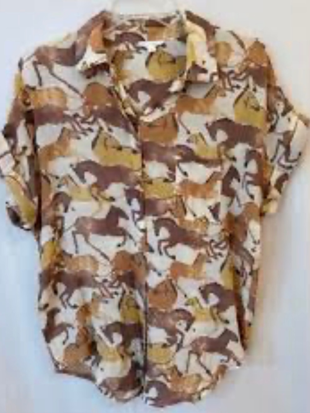 Short Sleeve Button-Down Shirt in Cream with Brown & Tan Horse Print